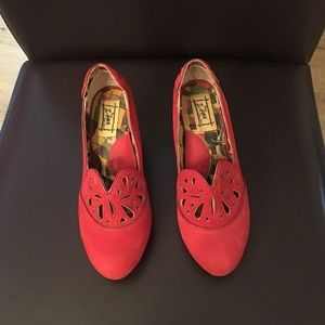 Anthropologies Miss L Fire Red Suede Shoes